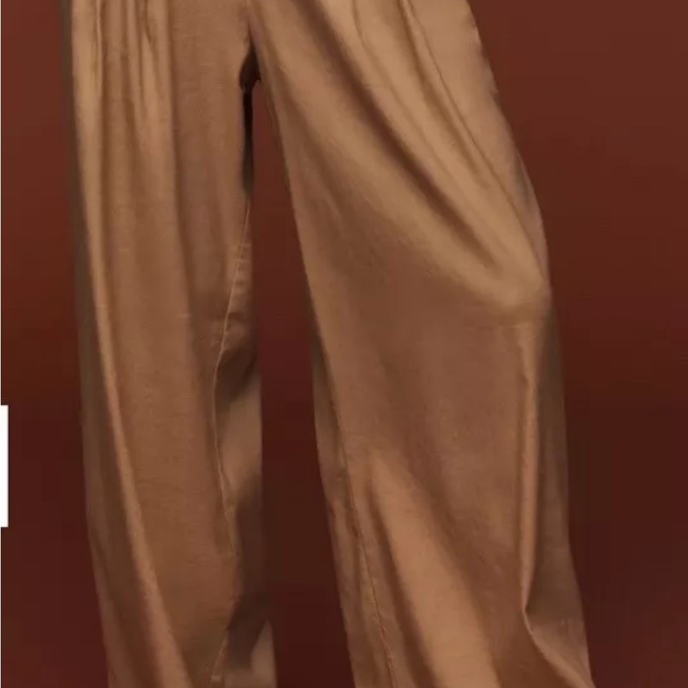 HP!! 🎈NWT Maeve for Anthropologie Linen Avery Wide-Leg Pleated Trousers XLP Tan - Picture 2 of 6